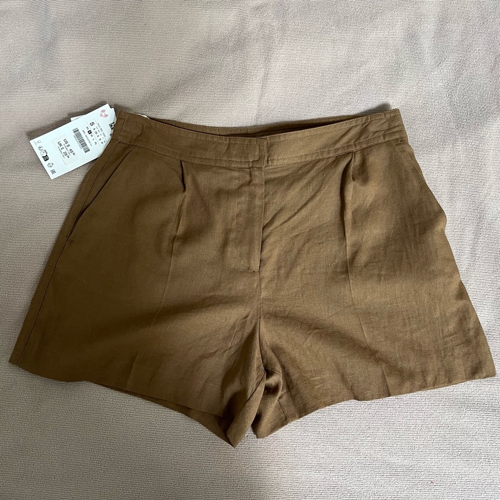 Zara NWT Linen Blend High-Waist Brown Pleated Shorts - Size S!